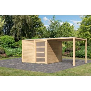 Karibu Gartenhaus Qubic 2 mit Anbaudach naturbelassen Karibu Gartenhaus Qubic 2 mit Anbaudach naturbelassen