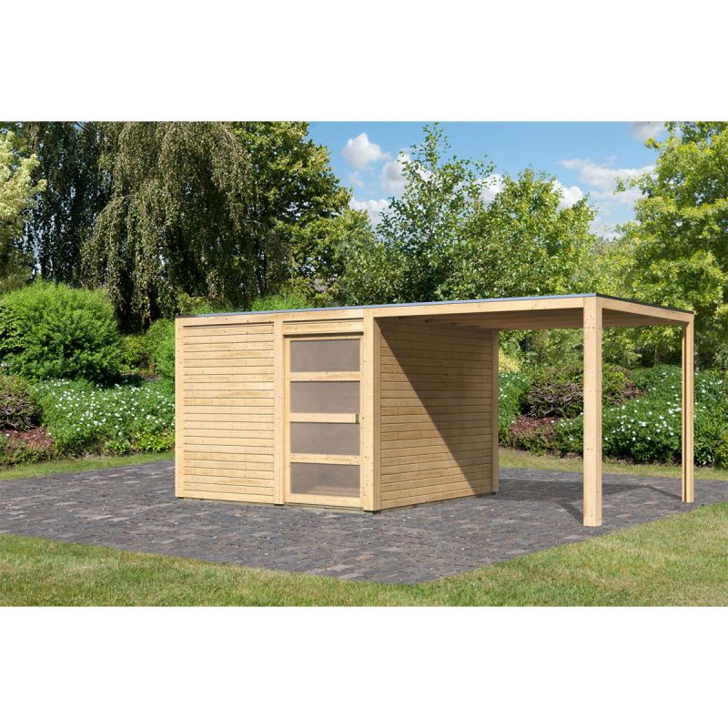 Karibu Gartenhaus Qubic 2 mit Anbaudach naturbelassen