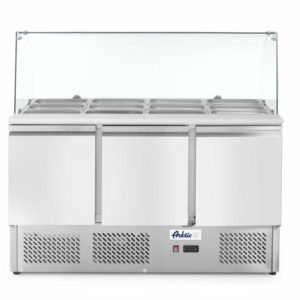 ARKTIC Saladette Kühltisch 3-türig Glasvitrine 380L, Breite 1365mm ARKTIC Saladette Kühltisch 3-türig Glasvitrine 380L, Breite 1365mm