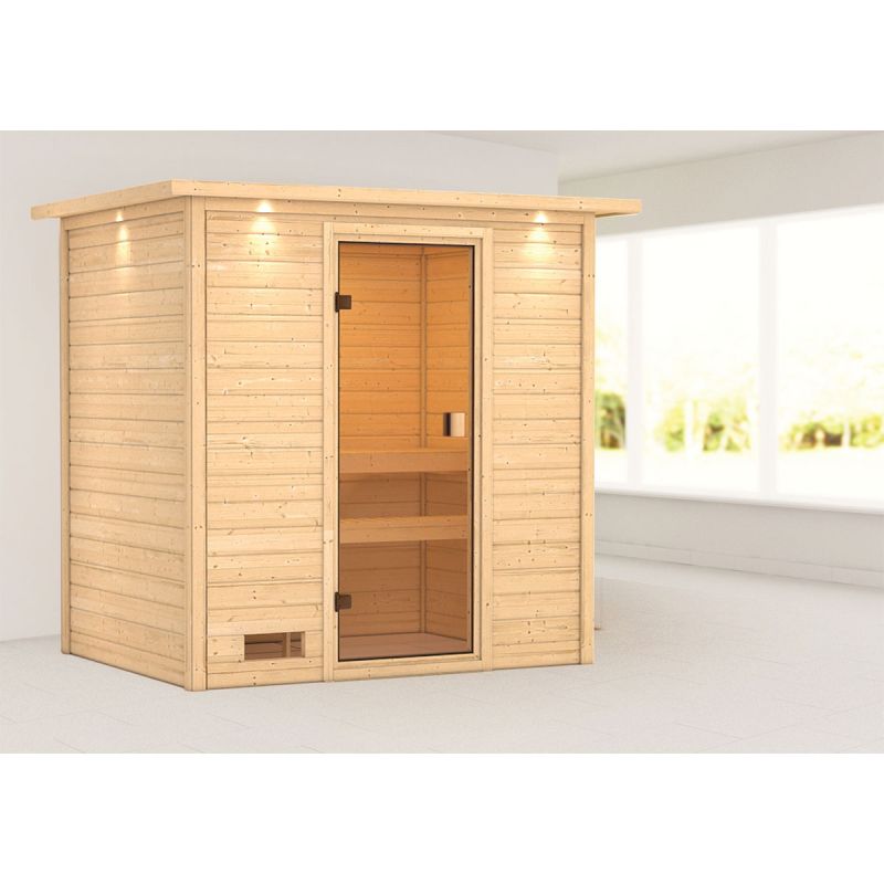 Karibu Sauna Selena 3,6 kW mit Kranz naturbelassen ohne Ofen