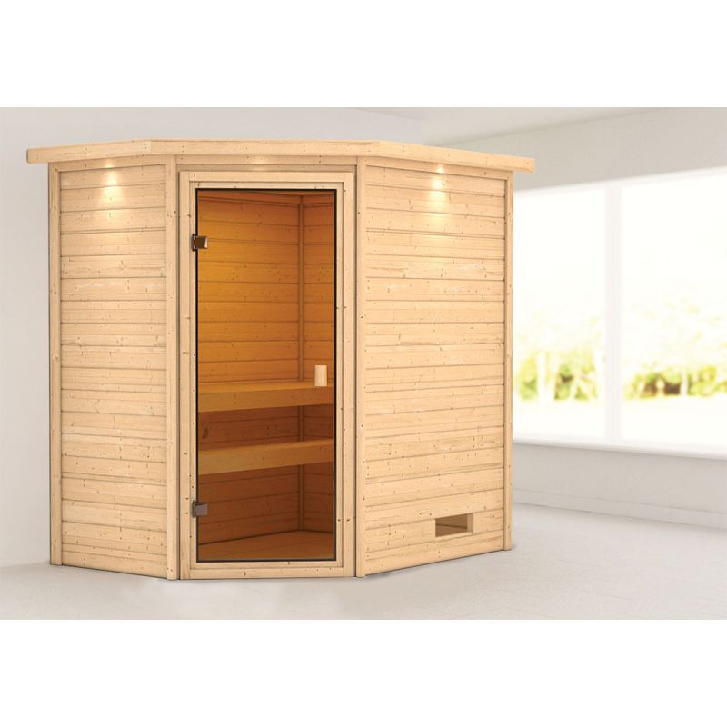 Karibu Sauna Jella 3,6 kW mit Kranz naturbelassen ohne Ofen