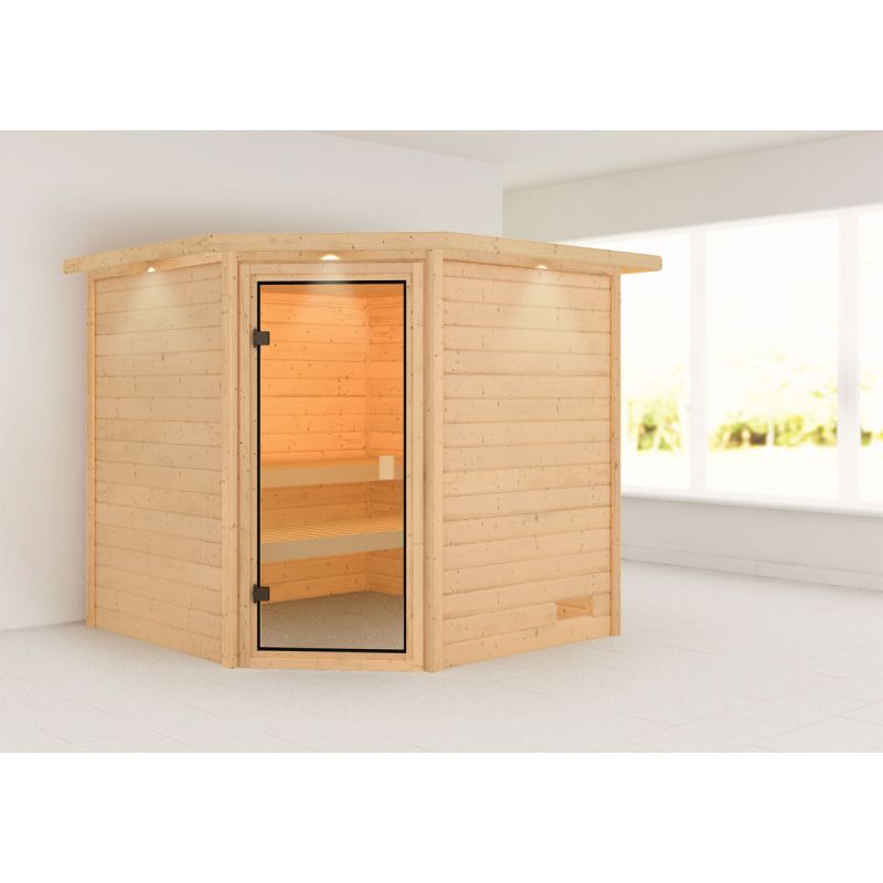 Karibu Sauna Tilda mit Kranz naturbelassen ohne Ofen