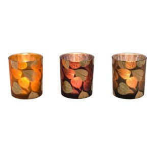 Glas-Windlicht Durchmesser 7 x 8 cm Blattmuster beere-braun-orange Glas-Windlicht Durchmesser 7 x 8 cm Blattmuster beere-braun-orange