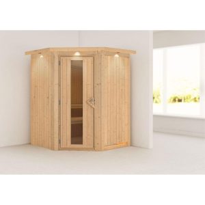 Karibu Sauna Larin Eckeinstieg Tür gedämmt mit Kranz ohne Ofen