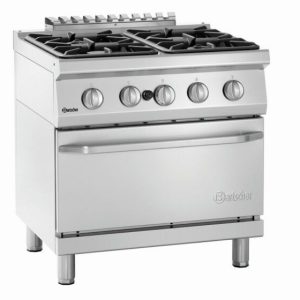 Bartscher 4 Flammen Gasherd GB21 mit Gasbackofen 2/1 GN, Breite 800mm, Tiefe 700mm Bartscher 4 Flammen Gasherd GB21 mit Gasbackofen 2/1 GN, Breite 800mm, Tiefe 700mm