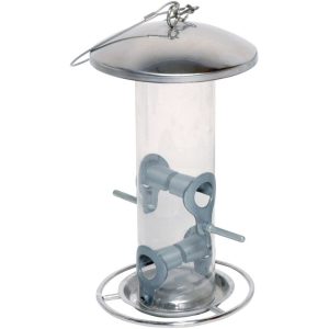 Futterspender mit Anflugring 14 x 14 x 26 cm Metall Silber