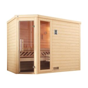 Weka  Premium Massivholz-Sauna Turku Eck Größe 3 Sparset 7,5 kW Bio S Glastuer