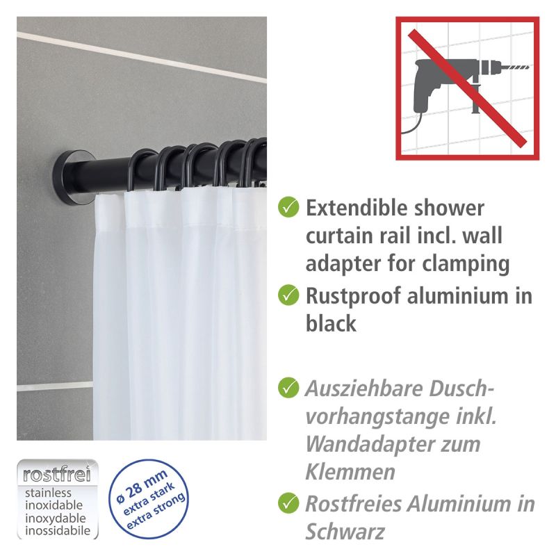 Wenko Teleskop-Duschstange Luz 70 - 115 cm Schwarz Ausziehbare Duschvorhangstange aus rostfreiem Aluminium