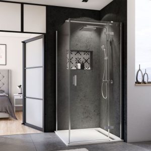 Breuer Drehtür mit Festteil Panorama für Seitenwand Anschlag rechts alu chromeffekt grau getönt 900 mm Breuer Drehtür mit Festteil Panorama für Seitenwand Anschlag rechts alu chromeffekt grau getönt 900 mm