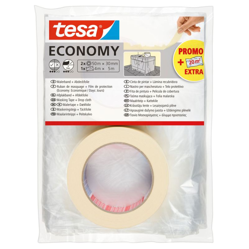 Tesa Abdeckset Malerband Economy 50m x 30mm und Abdeckfolie 5 x 4m