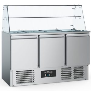 ecoFrost Saladette mit Glasaufbau, 3 Türen für 4x 1/1 GN, Breite 1365mm ecoFrost Saladette mit Glasaufbau, 3 Türen für 4x 1/1 GN, Breite 1365mm