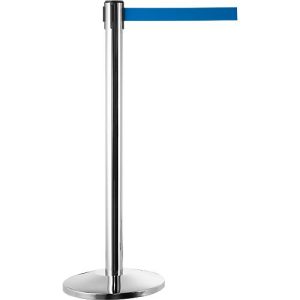 Absperrpfosten, chromsilber, Gurtband blau, ausziehbar bis 2 m, selbstaufrollend, mit Bremse, Ø 360 x H 1040 mm, Metall verchromt Absperrpfosten, chromsilber, Gurtband blau, ausziehbar bis 2 m, selbstaufrollend, mit Bremse, Ø 360 x H 1040 mm, Metall verchromt