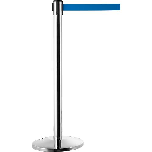 Absperrpfosten, chromsilber, Gurtband blau, ausziehbar bis 2 m, selbstaufrollend, mit Bremse, Ø 360 x H 1040 mm, Metall verchromt