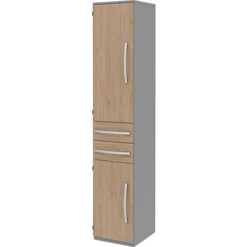 Aktenschrank BARI, 6 OH, 3 Böden, 2 Schübe, Türanschlag links, B 427 x T 430 x H 2174 mm, mittelgrau/Eiche/Alu