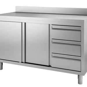Edelstahl Arbeitsschrank, Drehtüren, 3 Schubladen, Aufkantung, 1200x600x880mm Edelstahl Arbeitsschrank, Drehtüren, 3 Schubladen, Aufkantung, 1200x600x880mm