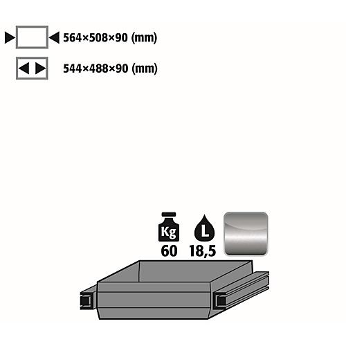 Auszugswanne Standard für asecos Sicherheitsschränke der Q30, Q90 und S90 Serie, Edelstahl 1.4301, B 564 x T 508 x H 90 mm, 19 l, bis 60 kg