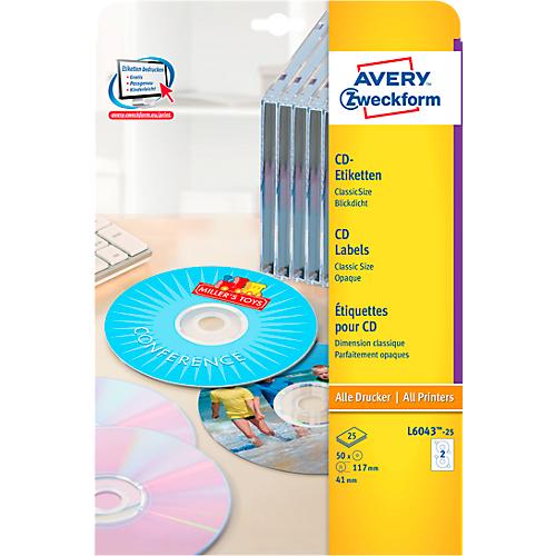 Avery Zweckform CD-Etiketten L6043-25 ClassicSize, geeignet für Inkjet-& Laserdrucker, blickdicht, Ø 117 mm, 50 Stück/25 A4-Bogen, FSC®-Papier, weiß