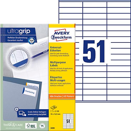 Avery® Zweckform Etiketten 3420, A4, universell, permanenthaftend, ultragrip, druckergeeignet, FSC®-Papier, rechteckig, weiß, 5100 Stück auf 100 Bogen