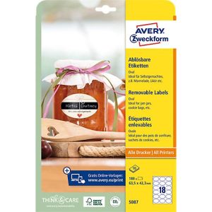 Avery® Zweckform Etiketten 5087, Format A4, ablösbar, druckergeeignet, 63,5 x 42,3 mm, 10 Bogen mit 180 Stück, FSC®-Papier, oval, weiß Avery® Zweckform Etiketten 5087, Format A4, ablösbar, druckergeeignet, 63,5 x 42,3 mm, 10 Bogen mit 180 Stück, FSC®-Papier, oval, weiß