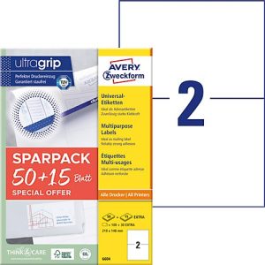 Avery Zweckform Etiketten 6604, universal, ultragrip, geeignet für Inkjet- & Laserdrucker, 210 x 148 mm, 130 Stück/65 A4-Bogen, FSC®-Papier, weiß Avery Zweckform Etiketten 6604, universal, ultragrip, geeignet für Inkjet- & Laserdrucker, 210 x 148 mm, 130 Stück/65 A4-Bogen, FSC®-Papier, weiß