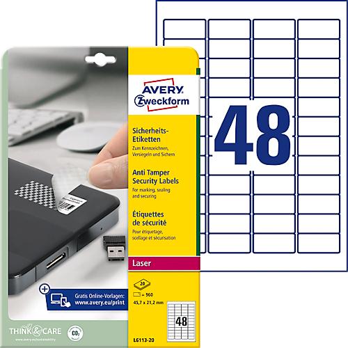 Avery Zweckform Etiketten L6113-20, fälschungssicher, extrem robust, 45,7 x 21,2 mm, 960 Stück/20 A4-Bogen, Folie, weiß