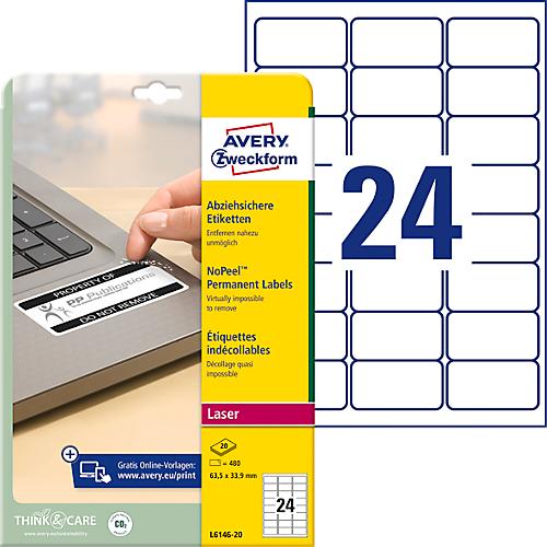 Avery Zweckform Etiketten L6146-20, fälschungssicher, extrem robust, geeignet für SW-Laserdrucker, 63,5 x 33,9 mm, 480 Stück/20 A4-Bogen, Acrylfolie, weiß
