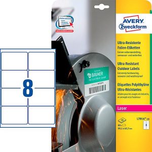 Avery Zweckform Etiketten L7914-10, ultraresistent, geeignet für Laserdrucker, 99,1 x 67,7 mm, 80 Stück/10 A4-Bogen, Polyethylen-Folie, weiß Avery Zweckform Etiketten L7914-10, ultraresistent, geeignet für Laserdrucker, 99,1 x 67,7 mm, 80 Stück/10 A4-Bogen, Polyethylen-Folie, weiß