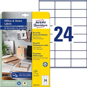 Avery® Zweckform Etiketten LR3475-10, A4, universell, permanenthaftend, druckergeeignet, Recycling-Papier, rechteckig, naturweiß, 240 Stück auf 10 Bogen Avery® Zweckform Etiketten LR3475-10, A4, universell, permanenthaftend, druckergeeignet, Recycling-Papier, rechteckig, naturweiß, 240 Stück auf 10 Bogen