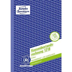 Avery® Zweckform Kassenbestandsrechnung 1218, A5, mit Ausfüllhilfe, ohne Durchschläge, perforiert & gelocht, Blauer Engel, weiß, 1 Buch mit 50 Blatt Avery® Zweckform Kassenbestandsrechnung 1218, A5, mit Ausfüllhilfe, ohne Durchschläge, perforiert & gelocht, Blauer Engel, weiß, 1 Buch mit 50 Blatt