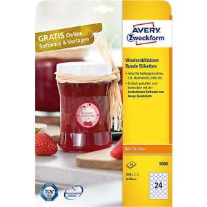 AVERY® Zweckform Klebeetiketten, blanko, Ø 40 mm, rund, für alle Drucker, weiß AVERY® Zweckform Klebeetiketten, blanko, Ø 40 mm, rund, für alle Drucker, weiß