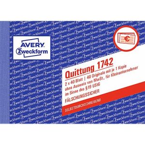 AVERY® Zweckform Quittung Kleinunternehmer, ohne MWSt. Nr. 1742 AVERY® Zweckform Quittung Kleinunternehmer, ohne MWSt. Nr. 1742
