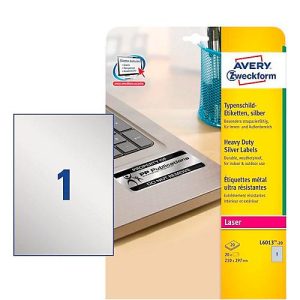 Avery Zweckform Typenschildetiketten L6013-20, extrem robust, geeignet für SW-Laserdrucker, 210 x 297 mm, 20 Stück/20 A4-Bogen, Polyesterfolie, silber Avery Zweckform Typenschildetiketten L6013-20, extrem robust, geeignet für SW-Laserdrucker, 210 x 297 mm, 20 Stück/20 A4-Bogen, Polyesterfolie, silber
