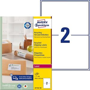 Avery® Zweckform Versand-Etiketten LR7168, permanenthaftend, druckergeeignet, Recycling-Papier, rechteckig, naturweiß, 200 Stück auf 100 Blatt Avery® Zweckform Versand-Etiketten LR7168, permanenthaftend, druckergeeignet, Recycling-Papier, rechteckig, naturweiß, 200 Stück auf 100 Blatt