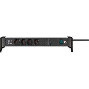Brennenstuhl Alu-Office-Line 4-fach Steckdosenleiste, 2 USB-Ladebuchsen, Überspannungsschutz bis 60.000 A, 45°-Anordnung, 1,8 m Kabel, L 480 x B 105 x T 105 mm, schwarz/silber