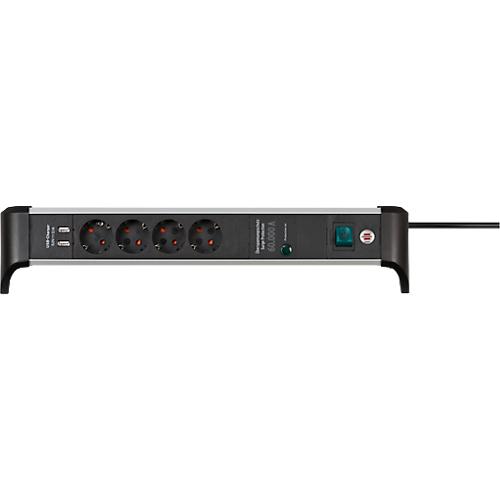 Brennenstuhl Alu-Office-Line 4-fach Steckdosenleiste, 2 USB-Ladebuchsen, Überspannungsschutz bis 60.000 A, 45°-Anordnung, 1,8 m Kabel, L 480 x B 105 x T 105 mm, schwarz/silber