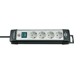Brennenstuhl Premium-Line Mehrfach-Steckdosenleiste, 4-fach, Aufhängevorrichtung, beleuchteter Sicherheitsschalter, 45°-Anordnung, lichtgrau/schwarz