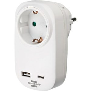 Brennenstuhl Steckdosenadapter, 1x USB-C/ 1x USB-A, intelligent Power Delivery, Schnellladefunktion, mit Schutzkontaktsteckdose, L 75 x B 55 mm, weiß