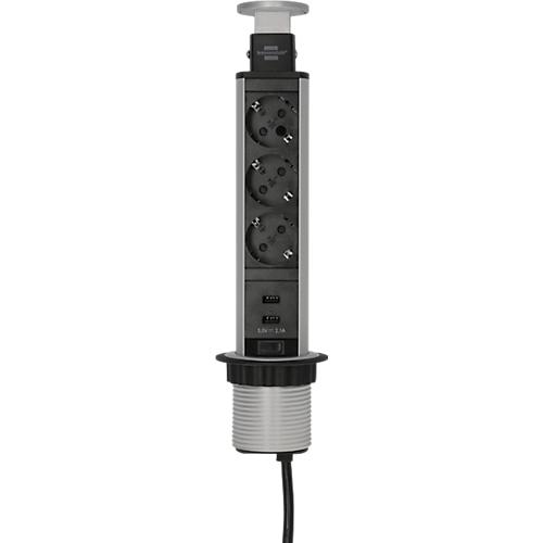 Brennenstuhl Tower Power Alu-Tischsteckdosenleiste, 3 Schutzkontaktstecker in 45°-Anordnung, 2 USB Stecker, versenkbar, 2 m Kabel, L 335 x B 85 x T 120 mm, silber/schwarz