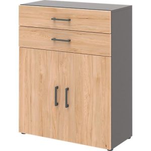 Bürokommode TEMPIO, aus Holz, 2 Türen, 2 Schubkästen, 3 OH, B 800 x T 340 x H 1070 mm, anthrazit/Hickory Eiche Bürokommode TEMPIO, aus Holz, 2 Türen, 2 Schubkästen, 3 OH, B 800 x T 340 x H 1070 mm, anthrazit/Hickory Eiche