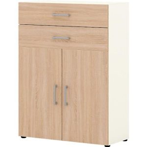 Bürokommode TEMPIO, aus Holz, 2 Türen, 2 Schubkästen, 3 OH, B 800 x T 340 x H 1070 mm, weiß/Sonoma Eiche Bürokommode TEMPIO, aus Holz, 2 Türen, 2 Schubkästen, 3 OH, B 800 x T 340 x H 1070 mm, weiß/Sonoma Eiche