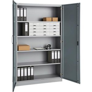 Büroschrank, 5 OH, abschließbar, mit aufliegenden Türen, B 1200 mm, Basaltgrau/Weißalu Büroschrank, 5 OH, abschließbar, mit aufliegenden Türen, B 1200 mm, Basaltgrau/Weißalu