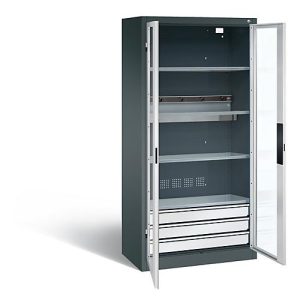 C+P Akkuladeschrank Basic mit Sichtfenster aus Acrylglas und Schubladenblock, H 1950 x B 930 x T 500 mm, Lichtgrau/Lichtblau C+P Akkuladeschrank Basic mit Sichtfenster aus Acrylglas und Schubladenblock, H 1950 x B 930 x T 500 mm, Lichtgrau/Lichtblau