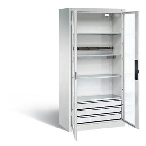 C+P Akkuladeschrank Basic mit Sichtfenster aus Acrylglas und Schubladenblock, H 1950 x B 930 x T 500 mm, Lichtgrau/Lichtblau C+P Akkuladeschrank Basic mit Sichtfenster aus Acrylglas und Schubladenblock, H 1950 x B 930 x T 500 mm, Lichtgrau/Lichtblau