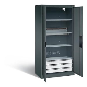 C+P Akkuladeschrank Basic mit Vollblechtüren und Schubladenblock, H 1950 x B 930 x T 500 mm, Lichtgrau/Rubinrot C+P Akkuladeschrank Basic mit Vollblechtüren und Schubladenblock, H 1950 x B 930 x T 500 mm, Lichtgrau/Rubinrot