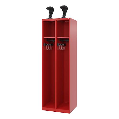 C+P Feuerwehrspind Evolo, Modell EXPERT, 2 Abteile, B 600 x T 500 x H 1850 mm, Bodengleiter, Helmhalter, feuerrot RAL 3000