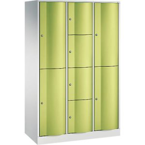 C+P Kombi-Schließfachschrank Resisto, 3 Abteile, 10 Fächer, B 1148 x T 540 x H 1950 mm,Lichtgrau/Clowngrün