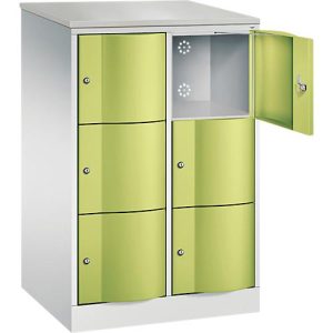 C+P Schließfachschrank Resisto, 2 Abteile, 6 Fächer, B 772 x T 640 x H 1255 mm, Lichtgrau/Clowngrün