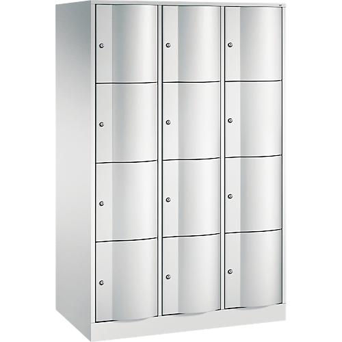 C+P Schließfachschrank Resisto, 3 Abteile, 12 Fächer, B 1148 x T 640 x H 1950 mm, Lichtgrau/Rubinrot