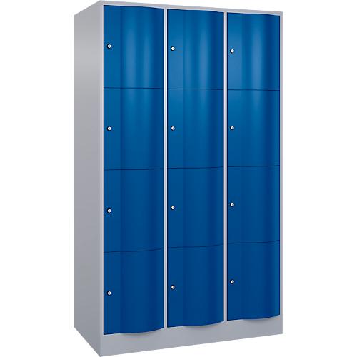 C+P Schließfachschrank Resisto, 3 Abteile, 12 Fächer, B 1148 x T 640 x H 1950 mm, Weißalu/Enzianblau