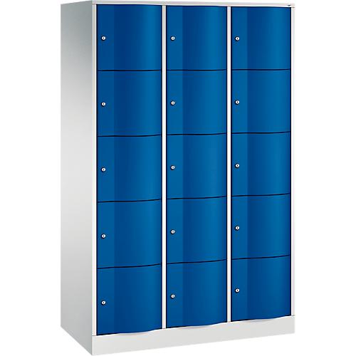 C+P Schließfachschrank Resisto, 3 Abteile, 15 Fächer, B 1148 x T 540 x H 1950 mm, Lichtgrau/Enzianblau